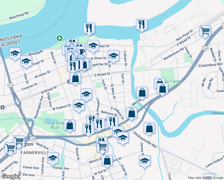 map of restaurants, bars, coffee shops, grocery stores, and more near 448 Saint Mary Street in Burlington