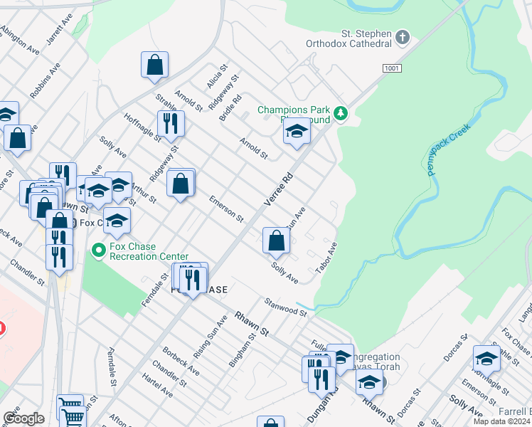 map of restaurants, bars, coffee shops, grocery stores, and more near 8301 Verree Road in Philadelphia