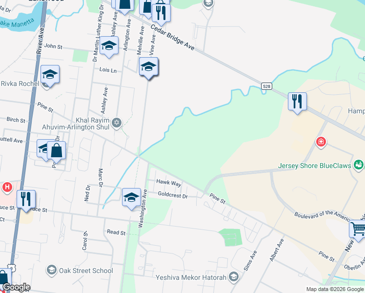 map of restaurants, bars, coffee shops, grocery stores, and more near 238 Vine Avenue in Lakewood Township