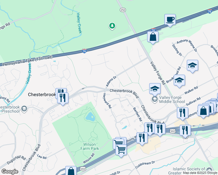 map of restaurants, bars, coffee shops, grocery stores, and more near 294 Adams Drive in Chesterbrook