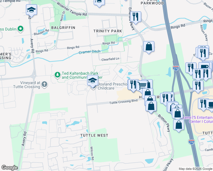 map of restaurants, bars, coffee shops, grocery stores, and more near 5382 Crossing Lane in Dublin
