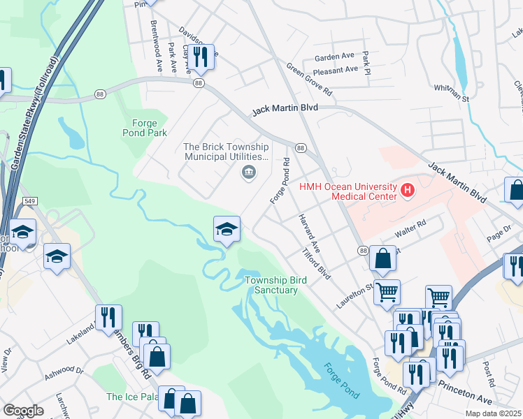 map of restaurants, bars, coffee shops, grocery stores, and more near 1589 Forge Pond Road in Brick