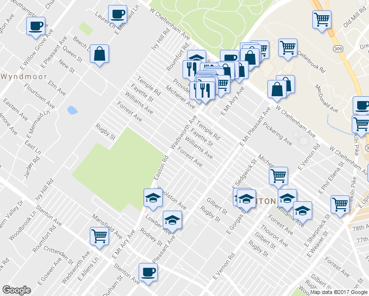 map of restaurants, bars, coffee shops, grocery stores, and more near 8323 Forrest Avenue in Philadelphia