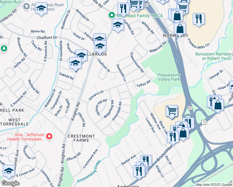 map of restaurants, bars, coffee shops, grocery stores, and more near 234 Greendale Road in Philadelphia