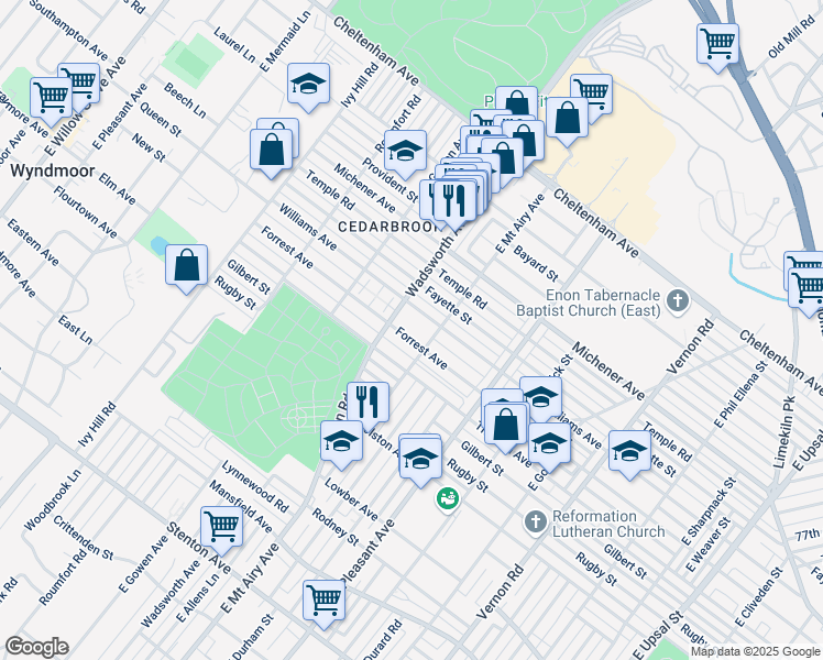 map of restaurants, bars, coffee shops, grocery stores, and more near 8323 Forrest Avenue in Philadelphia