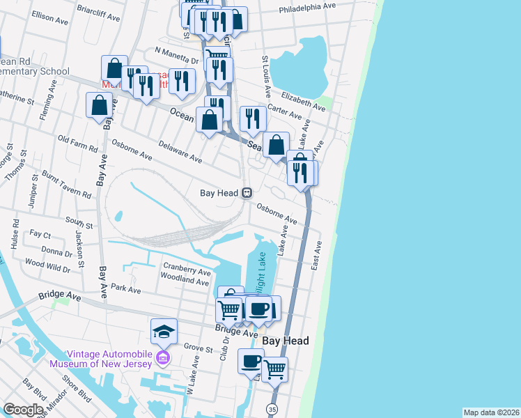 map of restaurants, bars, coffee shops, grocery stores, and more near in Bay Head