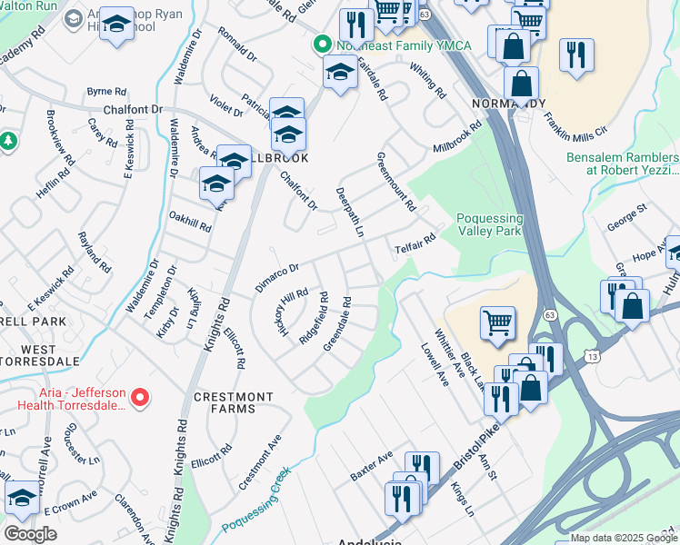map of restaurants, bars, coffee shops, grocery stores, and more near 234 Greendale Road in Philadelphia