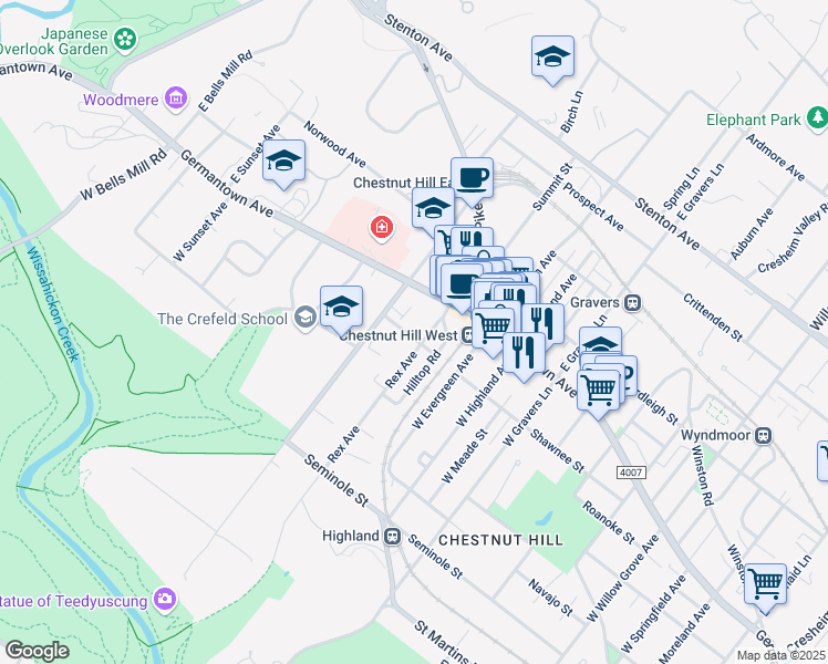 map of restaurants, bars, coffee shops, grocery stores, and more near 35 Rex Avenue in Philadelphia