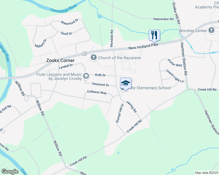 map of restaurants, bars, coffee shops, grocery stores, and more near 2193 Veumont Drive in Lancaster