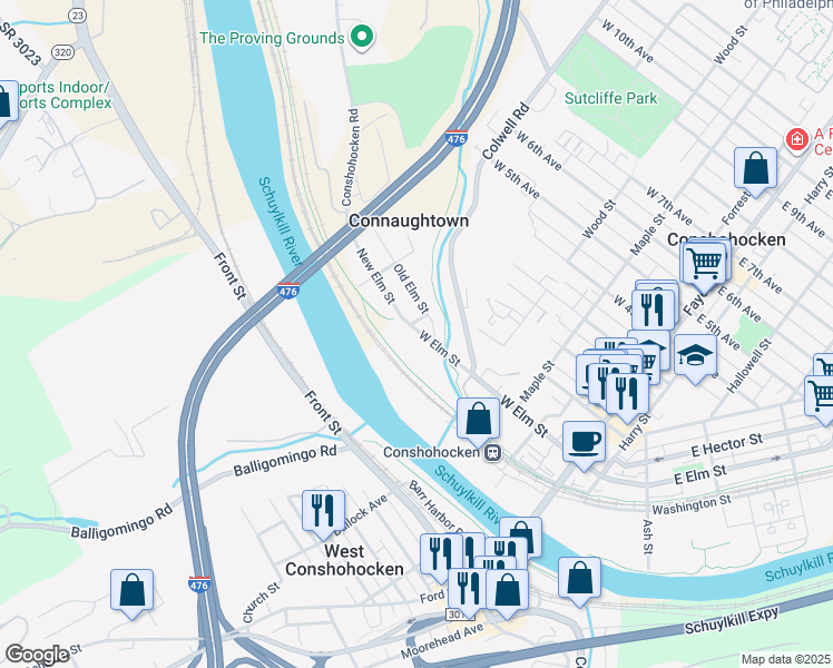 map of restaurants, bars, coffee shops, grocery stores, and more near 400 West Elm Street in Conshohocken