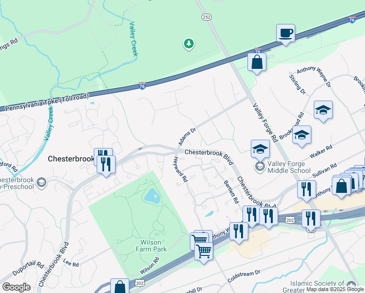 map of restaurants, bars, coffee shops, grocery stores, and more near 294 Adams Drive in Chesterbrook