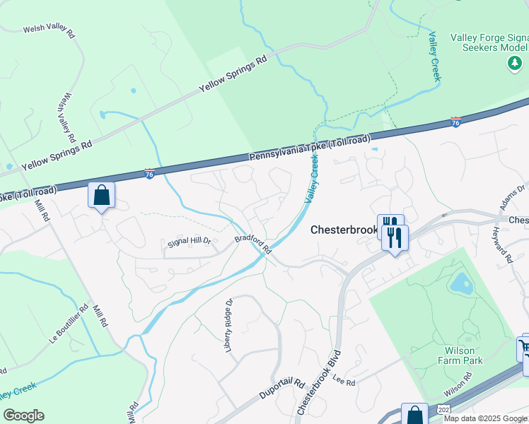 map of restaurants, bars, coffee shops, grocery stores, and more near 46 Rampart Drive in Chesterbrook
