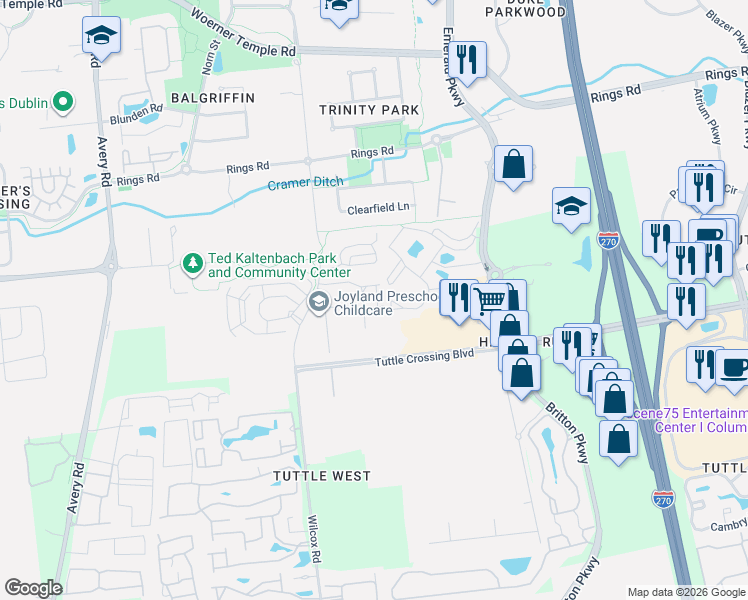 map of restaurants, bars, coffee shops, grocery stores, and more near 5454 Aubrey Loop in Dublin