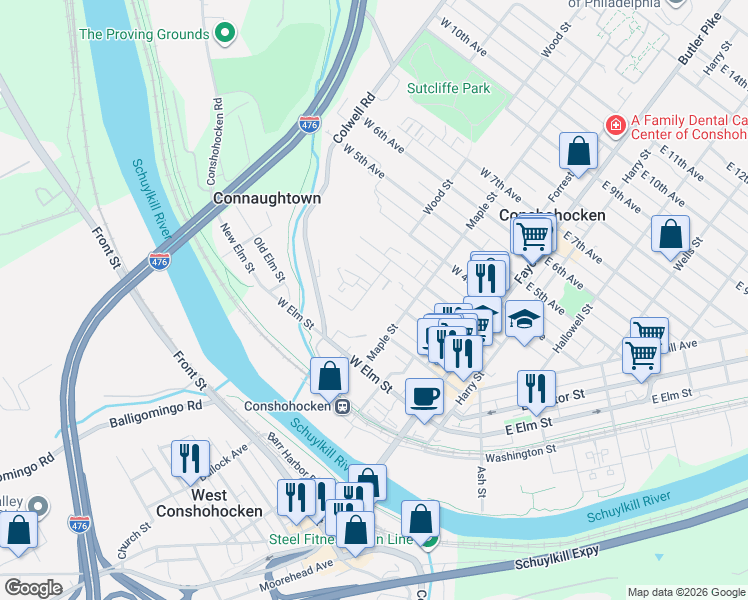 map of restaurants, bars, coffee shops, grocery stores, and more near 210 Wood Street in Conshohocken