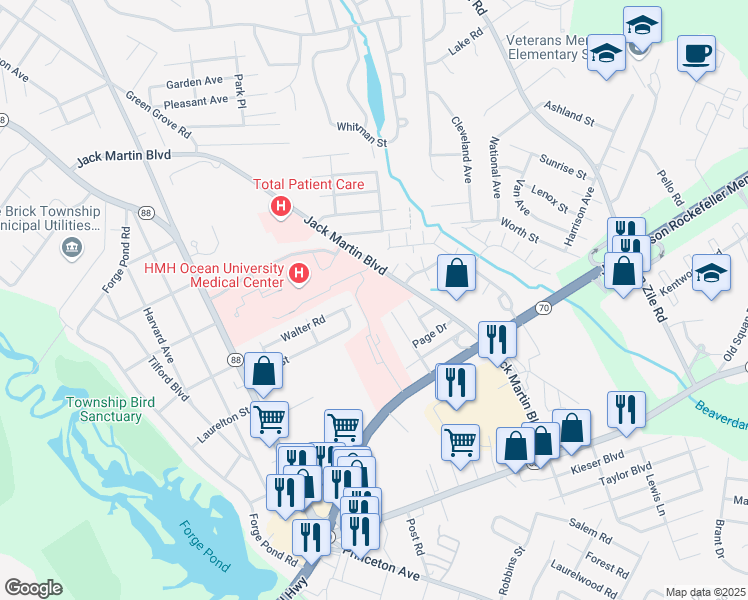 map of restaurants, bars, coffee shops, grocery stores, and more near 415 Jack Martin Boulevard in Brick Township