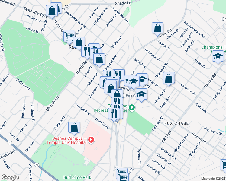 map of restaurants, bars, coffee shops, grocery stores, and more near 7967 Oxford Avenue in Philadelphia