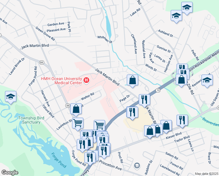 map of restaurants, bars, coffee shops, grocery stores, and more near 415 Jack Martin Boulevard in Brick Township