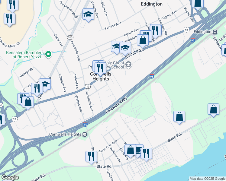 map of restaurants, bars, coffee shops, grocery stores, and more near 920 Clovernook Avenue in Bensalem