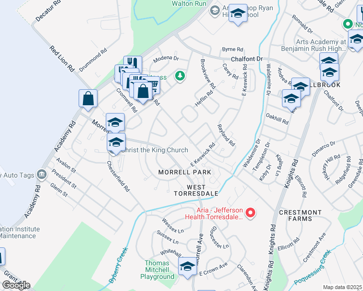 map of restaurants, bars, coffee shops, grocery stores, and more near 10237 Albemarle Lane in Philadelphia
