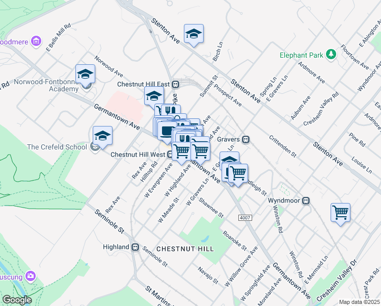 map of restaurants, bars, coffee shops, grocery stores, and more near 183 East Evergreen Avenue in Philadelphia