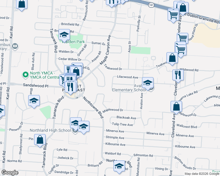 map of restaurants, bars, coffee shops, grocery stores, and more near 5294 Torchwood Loop East in Columbus