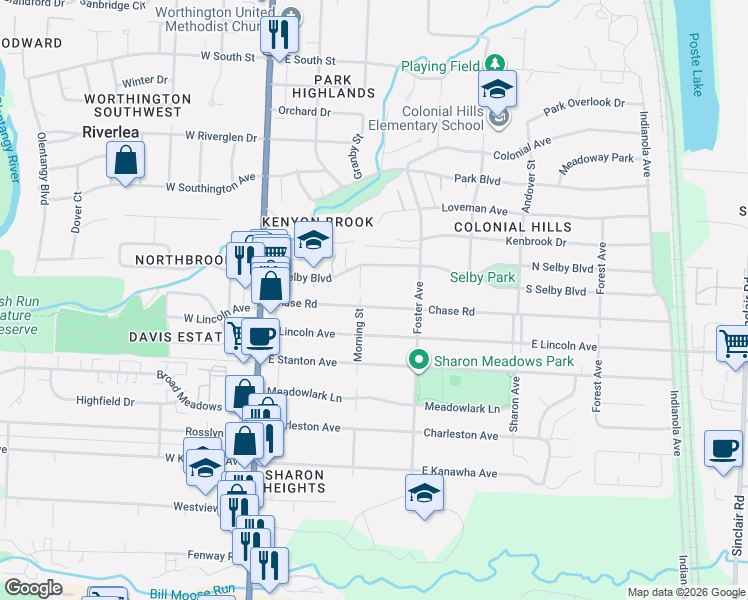 map of restaurants, bars, coffee shops, grocery stores, and more near 5577 Morning Street in Worthington