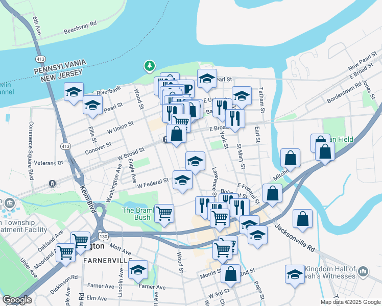 map of restaurants, bars, coffee shops, grocery stores, and more near 415 High Street in Burlington