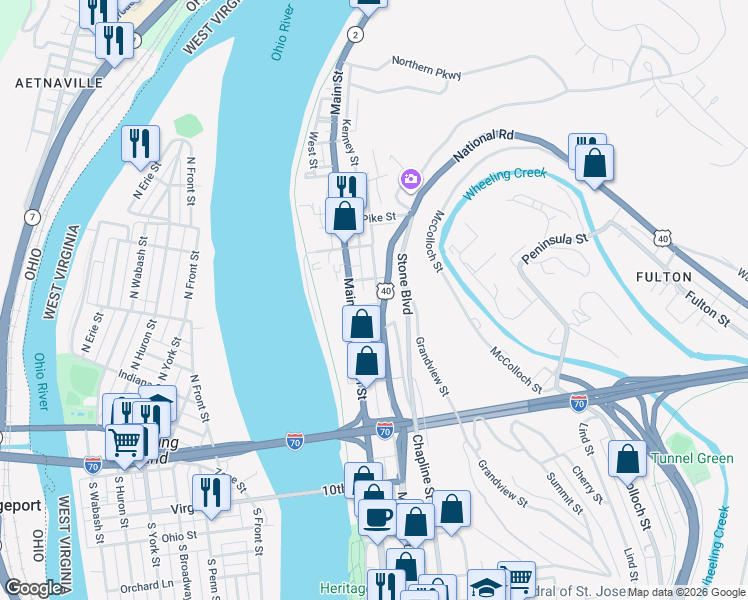map of restaurants, bars, coffee shops, grocery stores, and more near 623 Market Street in Wheeling