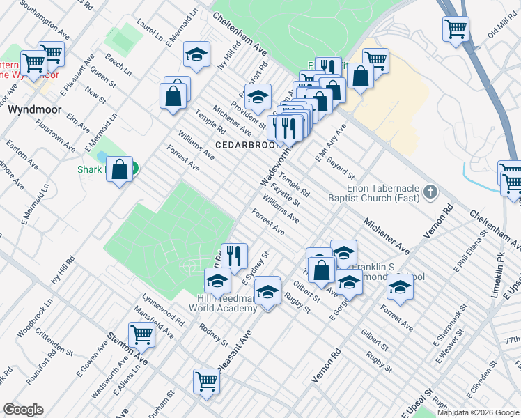 map of restaurants, bars, coffee shops, grocery stores, and more near 8340 Williams Avenue in Philadelphia