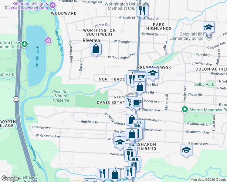 map of restaurants, bars, coffee shops, grocery stores, and more near 117 Sharon Springs Drive in Worthington