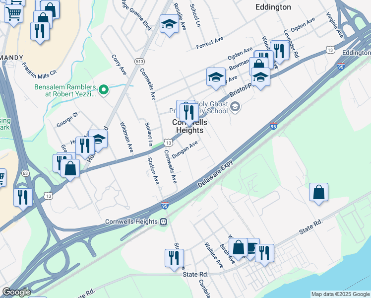 map of restaurants, bars, coffee shops, grocery stores, and more near 2202 Dungan Avenue in Bensalem