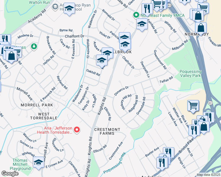 map of restaurants, bars, coffee shops, grocery stores, and more near 11011 Knights Road in Philadelphia