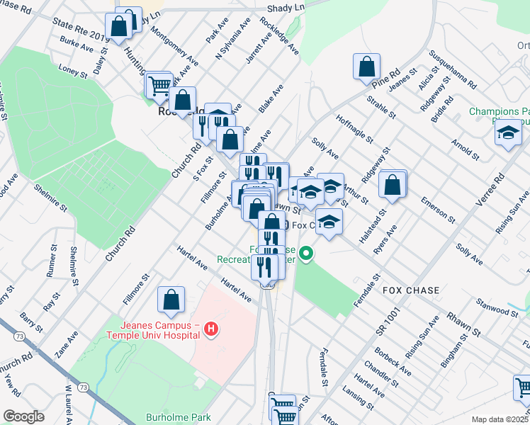 map of restaurants, bars, coffee shops, grocery stores, and more near 7967 Oxford Avenue in Philadelphia
