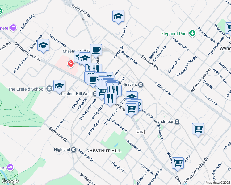 map of restaurants, bars, coffee shops, grocery stores, and more near 8440 Ardleigh Street in Philadelphia