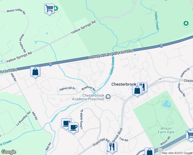 map of restaurants, bars, coffee shops, grocery stores, and more near 56 Rampart Drive in Chesterbrook