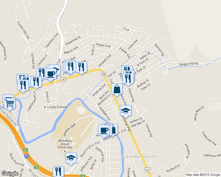 map of restaurants, bars, coffee shops, grocery stores, and more near National Road in Wheeling