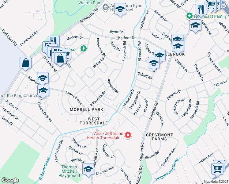 map of restaurants, bars, coffee shops, grocery stores, and more near 3620 Rayland Road in Philadelphia