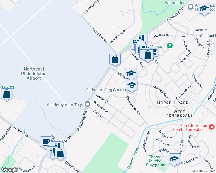 map of restaurants, bars, coffee shops, grocery stores, and more near 3202 Thornbrook Place in Philadelphia