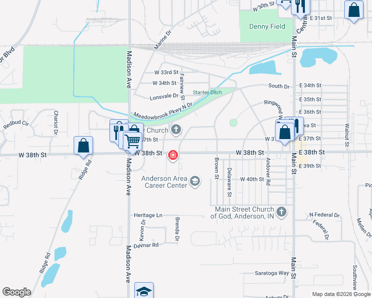 map of restaurants, bars, coffee shops, grocery stores, and more near 3704 Fairview Street in Anderson