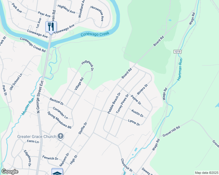 map of restaurants, bars, coffee shops, grocery stores, and more near 5400 Board Road in Mount Wolf
