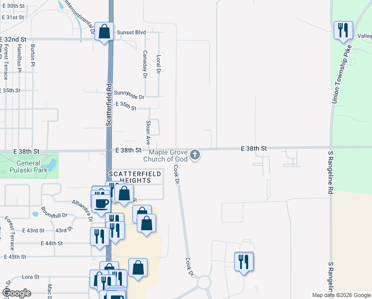 map of restaurants, bars, coffee shops, grocery stores, and more near 2253 East Co Road 200 South in Anderson