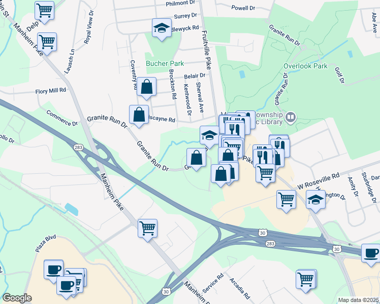 map of restaurants, bars, coffee shops, grocery stores, and more near 320 Granite Run Drive in Lancaster