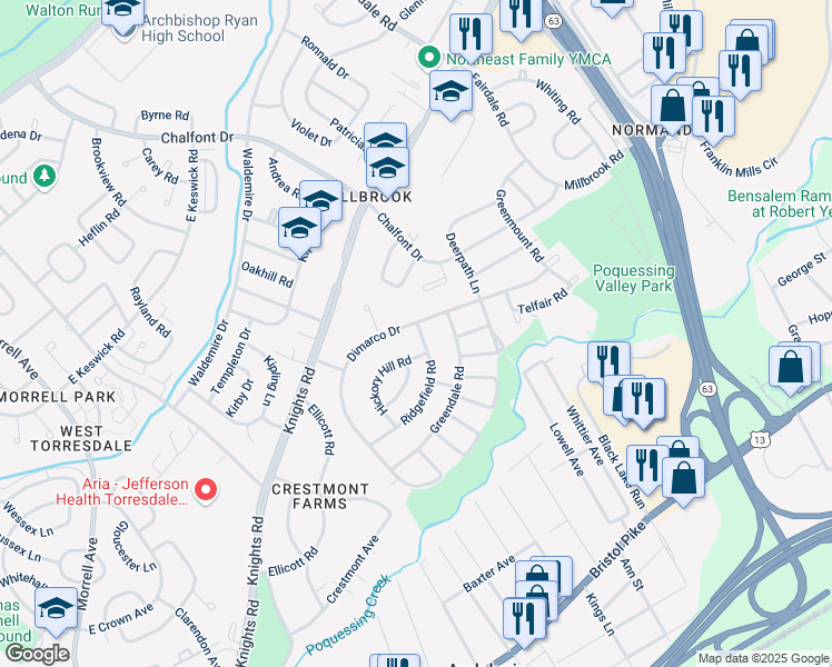map of restaurants, bars, coffee shops, grocery stores, and more near 228 Dimarco Drive in Philadelphia