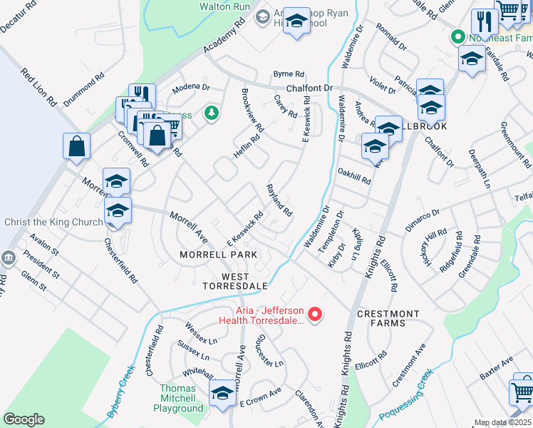 map of restaurants, bars, coffee shops, grocery stores, and more near 10765 East Keswick Road in Philadelphia