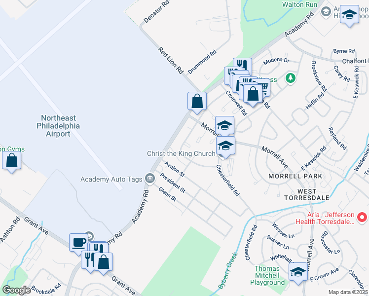 map of restaurants, bars, coffee shops, grocery stores, and more near 3202 Thornbrook Place in Philadelphia