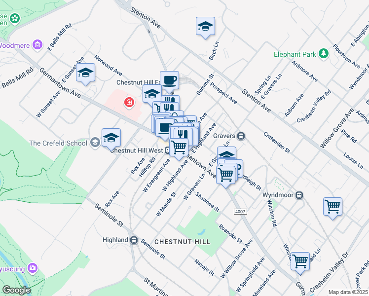 map of restaurants, bars, coffee shops, grocery stores, and more near 8521 Germantown Avenue in Philadelphia