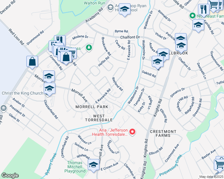 map of restaurants, bars, coffee shops, grocery stores, and more near 10765 East Keswick Road in Philadelphia