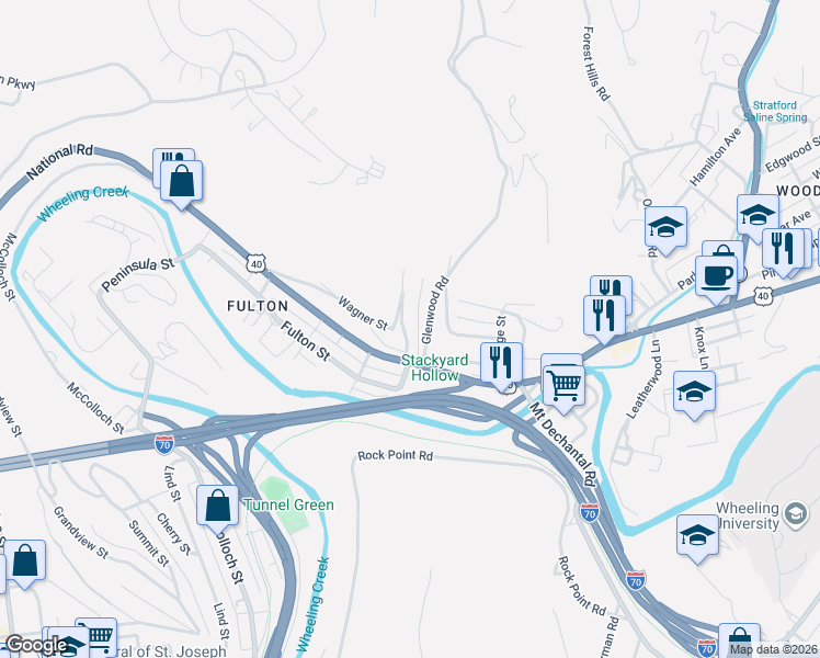 map of restaurants, bars, coffee shops, grocery stores, and more near 50 Merwin Street in Wheeling