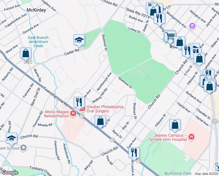 map of restaurants, bars, coffee shops, grocery stores, and more near 333 Rolling Hill Road in Elkins Park