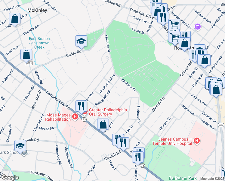 map of restaurants, bars, coffee shops, grocery stores, and more near 333 Rolling Hill Road in Elkins Park